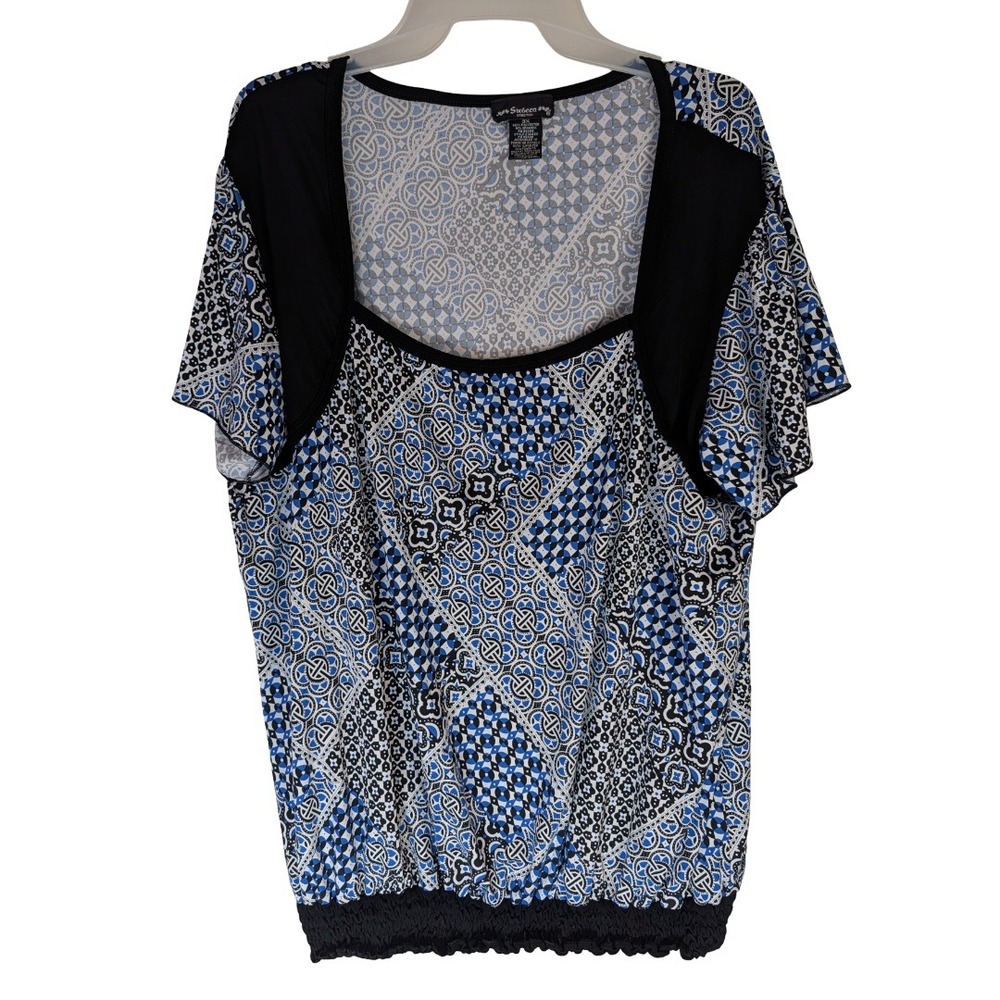 Sixteen Stretch Blouse Womens 3X Blue Black Geometric Print Smocked Square Neck
